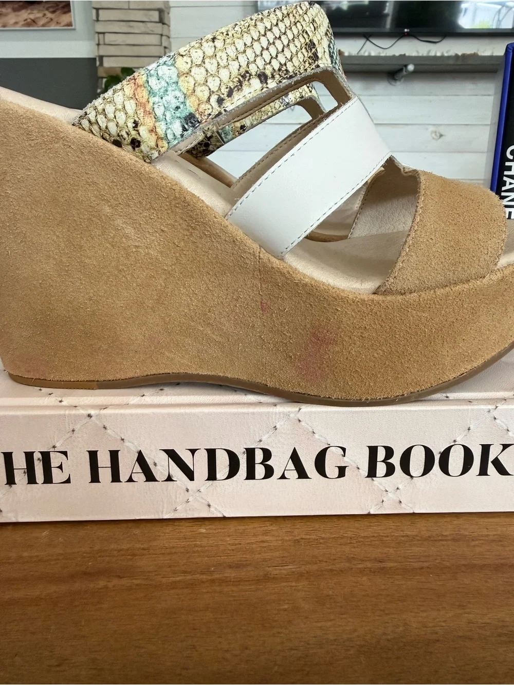 Women's Taupe Suede Wedge Sandals with White & Snake-Print Straps